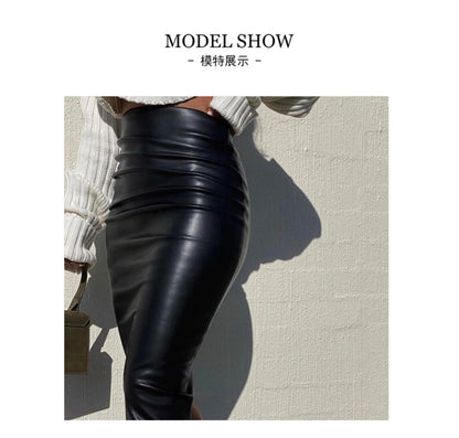 Lautaro-Women's Soft Stretchy PU Leather Ruched Pencil Skirt, High Waist Office Wear, Black, Luxury, Elegant, 2024
