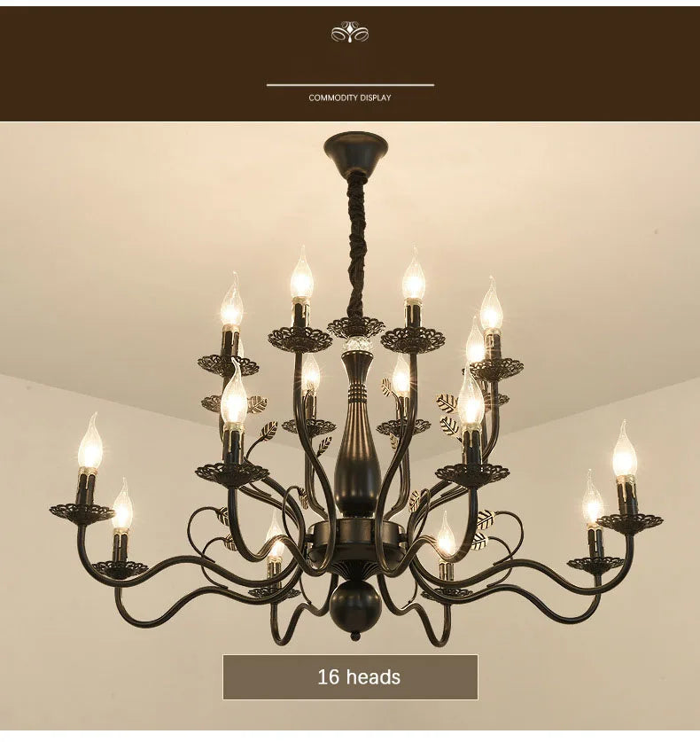 2022 modern black/gold wrought iron candle light retro Europe and America 6 12 16 lights chandelier dining room chandelier