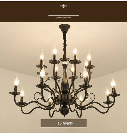 2022 modern black/gold wrought iron candle light retro Europe and America 6 12 16 lights chandelier dining room chandelier