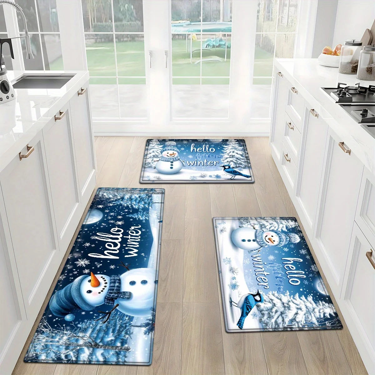 VIKAMA Snowman Forest Bird Snowflake Kitchen Rugs Set Anti Slip Washable Runner for Winter Holiday Kitchen Floor Decor