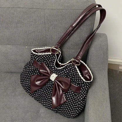 Trendy Vintage Women's Bow Handbag Y2k Casual Chic Lady Shoulder Bags All Match Aesthetic Dot Ins Underarm Bag Streetwear