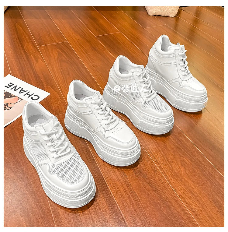 10-14cm Chunky Sneakers Women Platform Shoes Elevator Shoe White Mesh Breathable Sneakers Real Leather Increasing Shoes