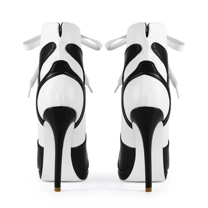 Women High Heel Black White Sports Ankle Boots Slim High Heel Lace Up High Top Sport Boots Plus Size 43