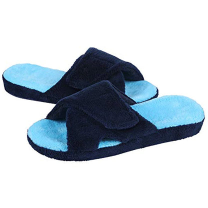 Smile Popcorn Women Adjustable Cross Strap Slippers Soft Fleece Two-tone Open Toe Non Slip Cozy Memory Foam Indoor House Slides