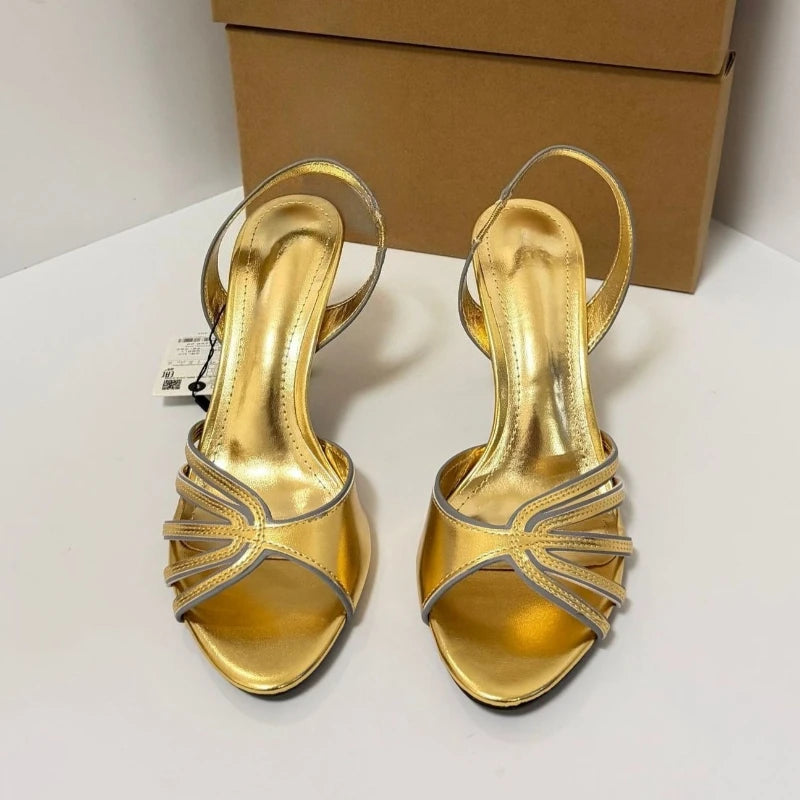 Luxury Gold High Heeled Sandals Women Summer Open Toe Hollow Ankle Strap High Heels for Ladies Elegant Wedding Bridal Shoes