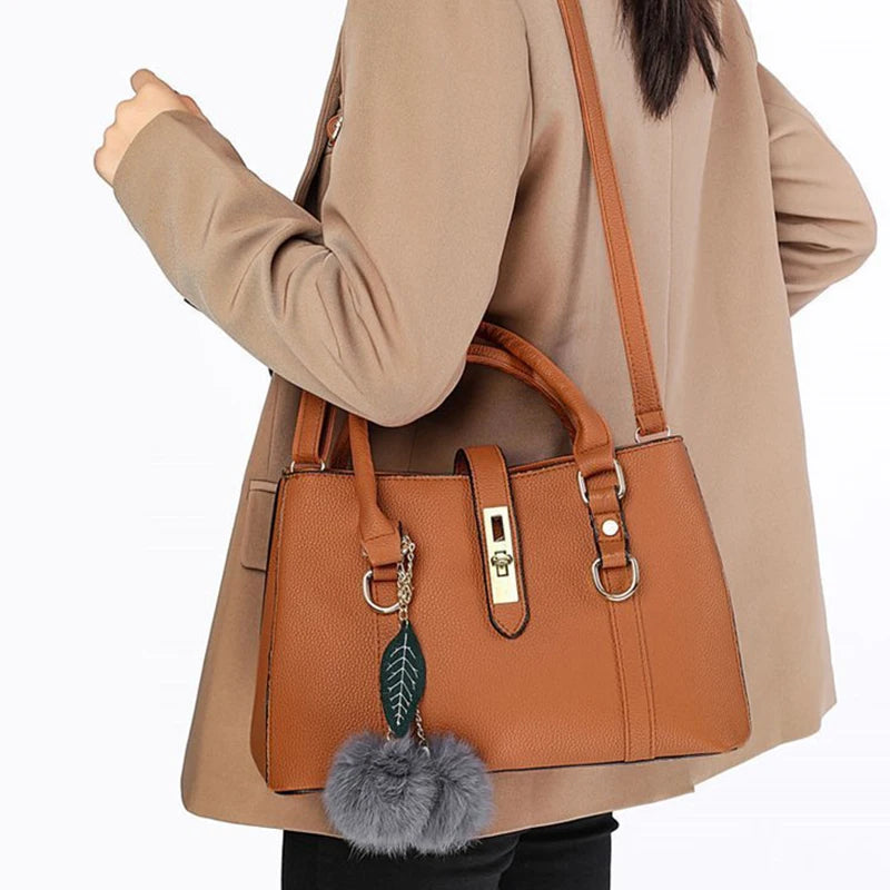 Women Fashion Hairball Shopper Totes Solid Color PU Leather Large Capacity Handbag Ladies Luxury Designer Crossbody Shoulder Bag