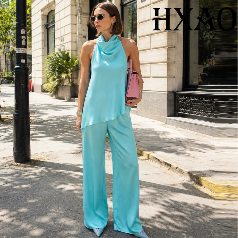 HXAO Satin Jumpsuits For Women Off Shoulder Halter Full Length Jumpsuit Summer Backless One Piece Wide Leg Long Pants Romper