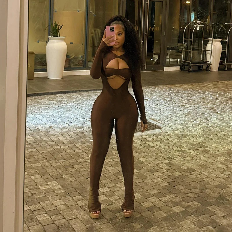 Joskaa Women Cutout Long Sleeve Jumpsuit with Tube Tops Sexy O-neck Back Zipper Thumb Hole Design Bodycon Rompers Party Clubwear