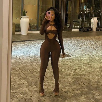 Joskaa Women Cutout Long Sleeve Jumpsuit with Tube Tops Sexy O-neck Back Zipper Thumb Hole Design Bodycon Rompers Party Clubwear