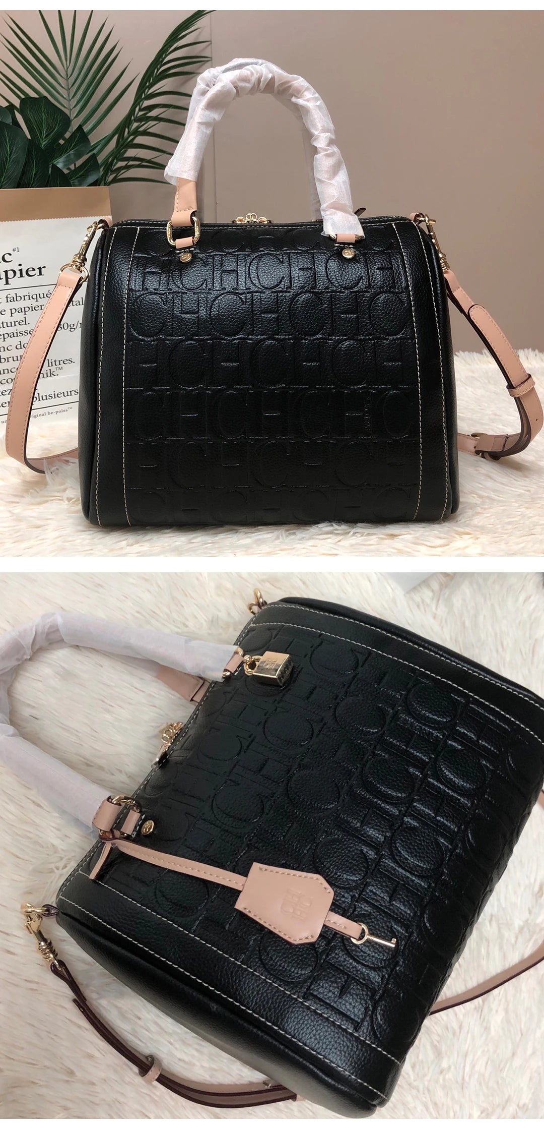 CH Carolina Herrera Boston Bag Women Leather Embossed Logo Shoulder Bag Luxury Travel Handbag Large Capacity