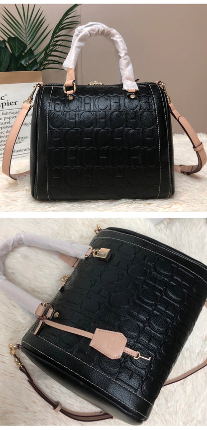 CH Carolina Herrera Boston Bag Women Leather Embossed Logo Shoulder Bag Luxury Travel Handbag Large Capacity