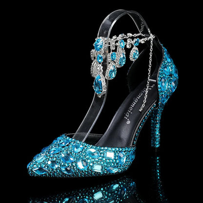 2024 Autumn Slim Heels Shallow Mouth Luxury Blue Water Diamond Pearl Women Single Shoes 9CM Wedding Party Shoes Sandalias Mujer