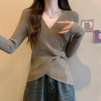 Women Wrap V Neck Ribbed Knit Top Metal Ring Buckle Flare Long Sleeve Slim Sweater