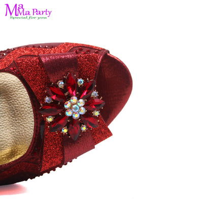 Wine Color New Arrivals High Quality Specials Design Italian Women Shoes and Bag  with Crystal for Wedding Party