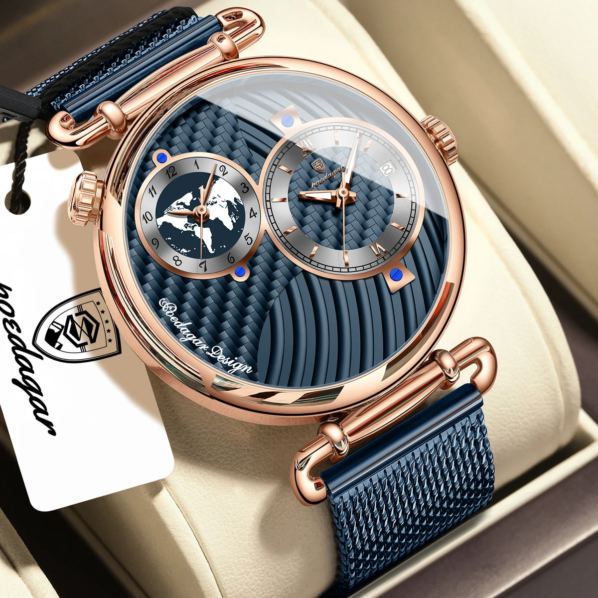POEDAGAR Original Fashion Man Wristwatch Multiple Time Zone Display Waterproof Calendar Men Watch Mesh Stainless Steel Quartz Business Men's Watches Reloj
