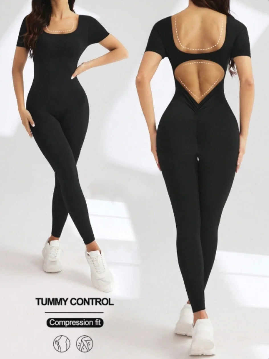One piece seamless spandex U-neck short sleeved bodysuit with hip lifting, gym clothing, women's fitness jumpsuit