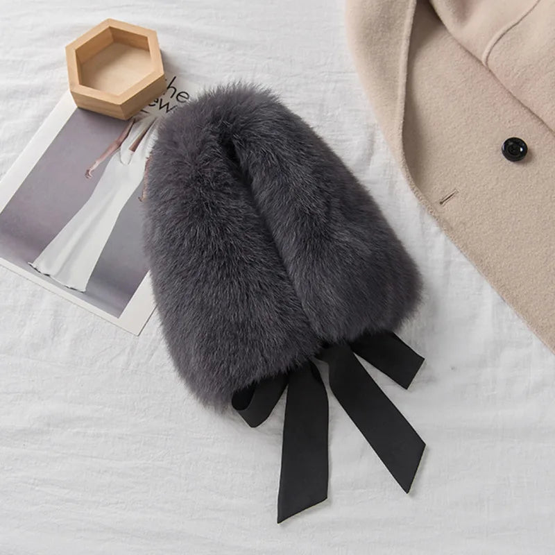 Winter Warm Fox Fur Collar Female Real Fur Collar Fashion Fluffy Clothing Accessories Collar Women Luxury Fur Scarf With Ribbons