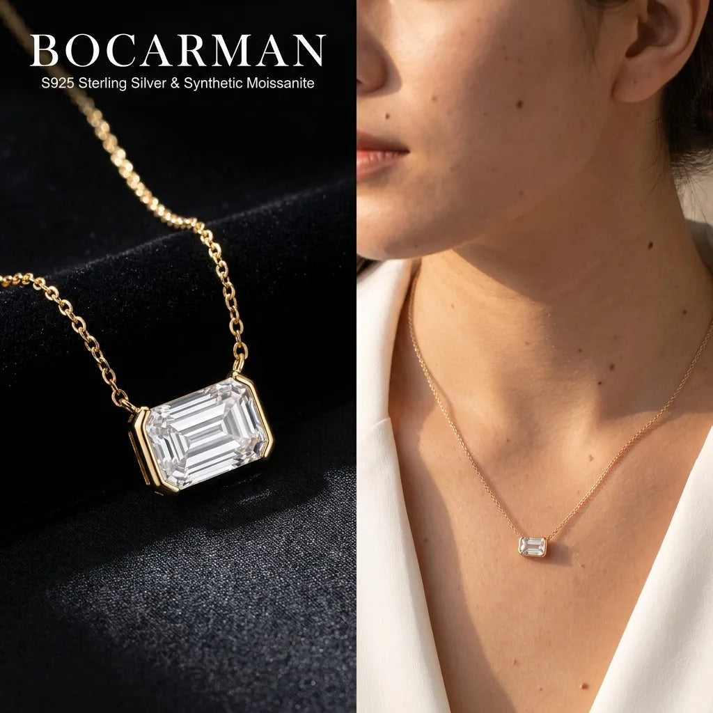 Bocarman S925 Sterling Silver with 14K Gold Plating Emerald Cut Moissanite Pendant D Color GRA VVS1 Step Cut Brilliance Refined