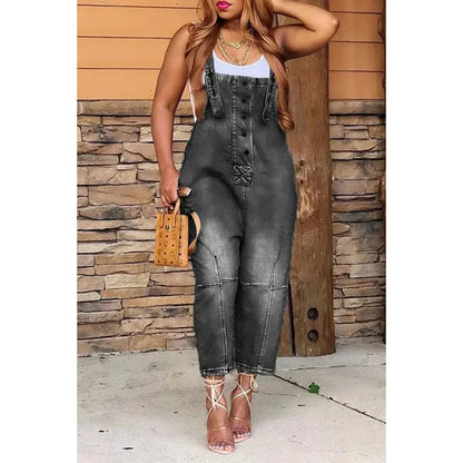 Women One Piece Jumpsuits Denim Pants Overalls Sleeveless Straight Trousers Spliced Rompers Casual Office Ladies Autumn