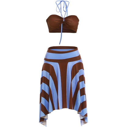 Weird Puss Sexy Fashion 2 Piece Set Woman Halter Long Rope+Skinny Tube Tops+Stripe Patchwork Mid Skirts Beach Party Style Suits