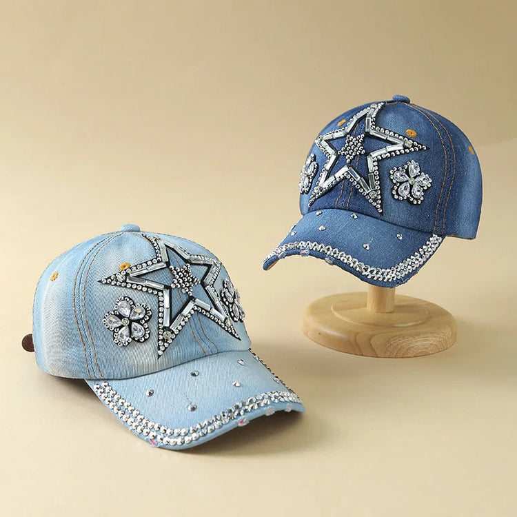 Denim Fashion Cap, Point Diamond Star Baseball Cap, Outdoor Sun Protection Visor, Trendy Cap
