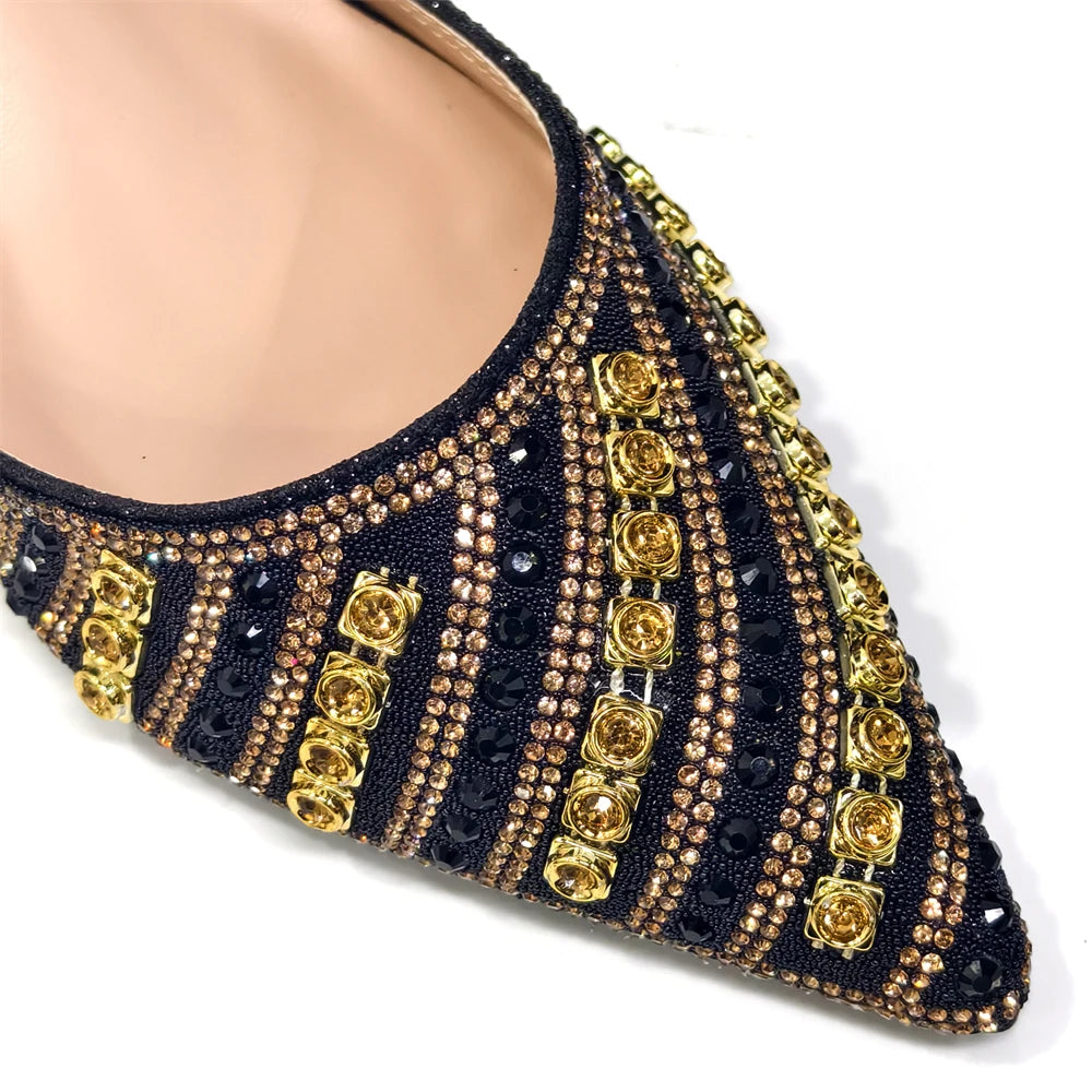 2025 Shiny Italian Fashion Pointed Toe Women Heel Fashion Rhinestone Decoration Fuchsia Color Shoes And Bag Set