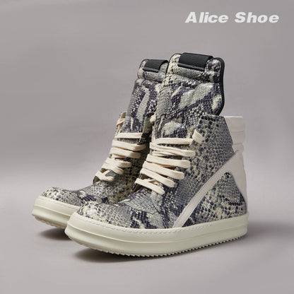Brand Men Ankle Boot Casual Leather High Top Women Sneaker Python-Embossed Flat Luxury Trainer Designer Platform Grey Flat Shoe