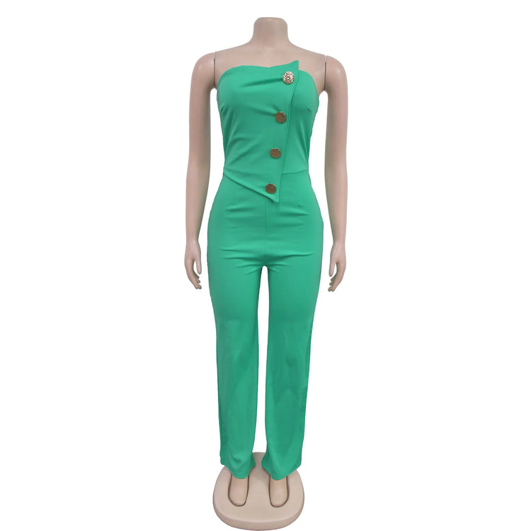 HBLL Women's Elegant Button Strapless Sleeveless Irregular Jumpsuits One Piece Metal Button Decor Overalls Outfit Night Clubwear