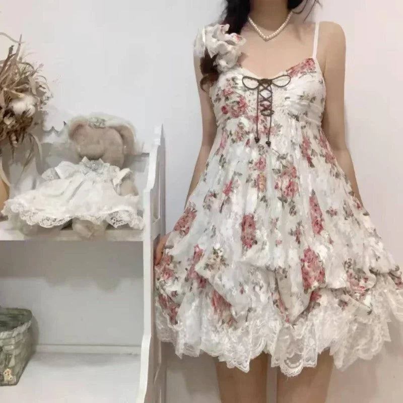 Lace Purple Dot Mini Dress Women Floral Dress Elegant Casuak Y2k Boho Kawaii Vintage One Piece Dress Korean Fashion Vintage Chic