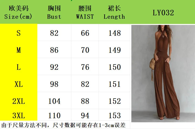 Retro Solid Women's Loose Wide Leg Jumpsuit Fashion Neck Hanging Design Sexy Backless Romper With Pocket Ladies Office Jumpsuits