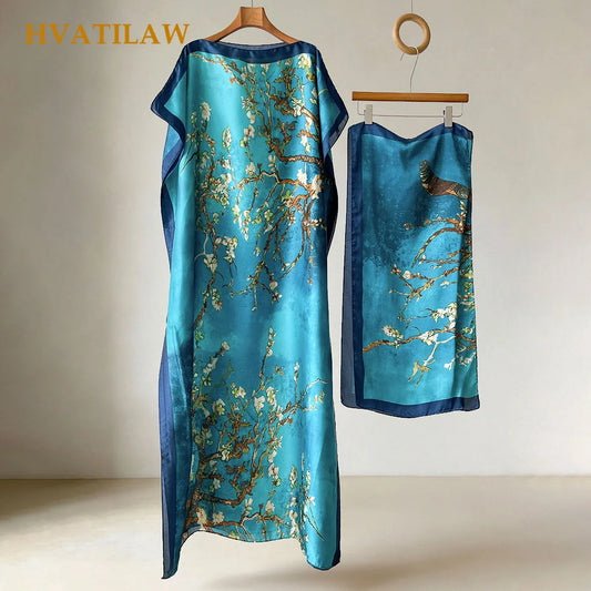 Women Boho Print Maxi Caftan Beach Shawl Elegant Holiday Silk Feeling Party Dress Scarf Summer Robe Turban Suit Pashmina Poncho