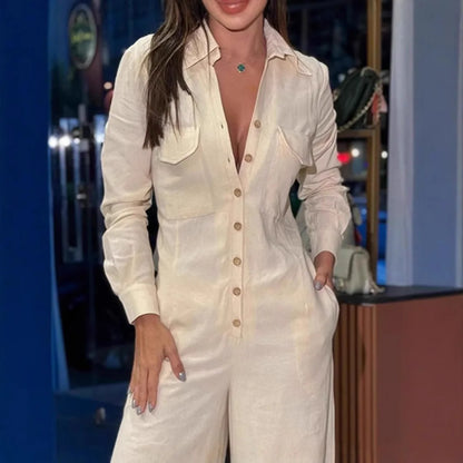 Women Jumpsuit Solid Rompers Button Pocket Turn Down V Collar Long Sleeve Single Breasted Wide Leg Pant Loose Casual 2025 Autnmn