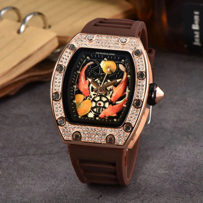 2026 New Hengbolong Diamond Quartz Watch Men's Fashion Koi Pattern with Calendar Watch