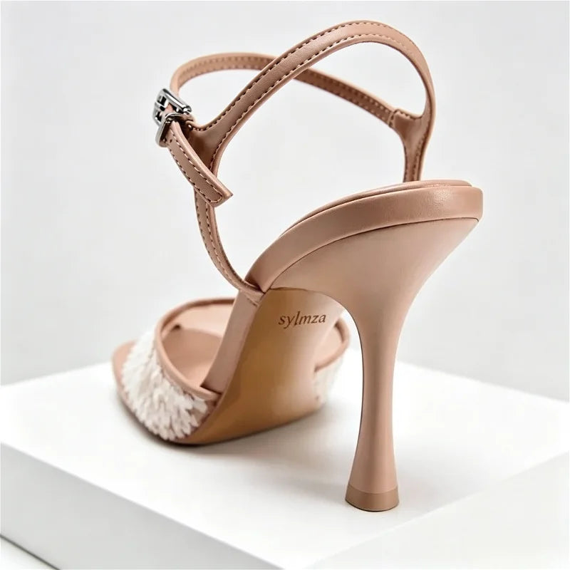 Luxury Designer Mesh Thin high Heeled Sandals Women Sexy Pointed Toe Bling Pumps Beige Open Heel Ankle Strap Wedding Party Shoes