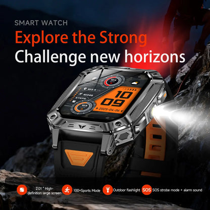 2026 New Military outdoor 1400mAh Battery SmartWatch Men Waterproof Call 2.01" HD AMOLED Sports Heart rate Flashlight Smart Band