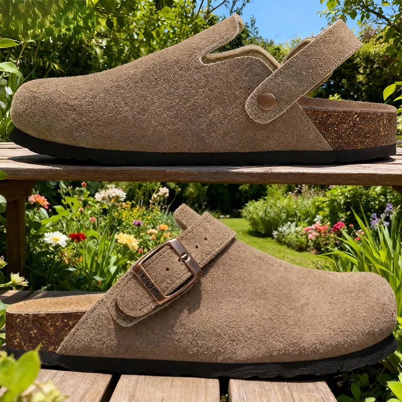 Kidmi Genuine Leather Clogs Cork Footbed Indoor and Outdoor Slippers Cow Suede Mules With Adjustable Strap