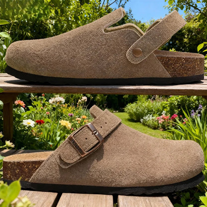 Kidmi Genuine Leather Clogs Cork Footbed Indoor and Outdoor Slippers Cow Suede Mules With Adjustable Strap