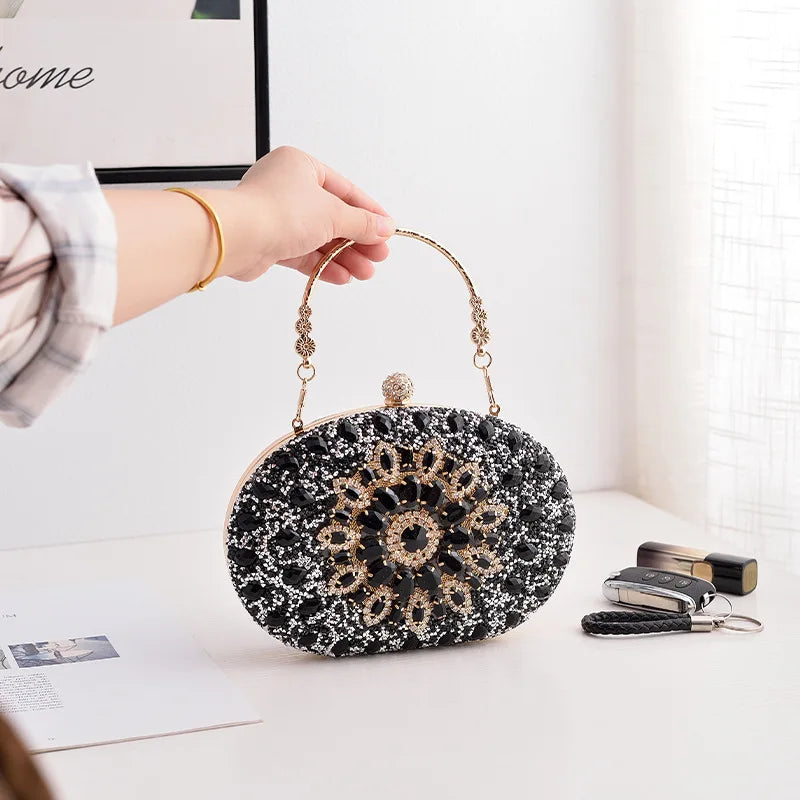 Gold Round Bag Luxury Brand Rhinestone Clutch Bags for Women 2024 Crystals Party Purses Diamond Designer Crossbody Handbags