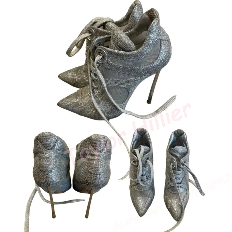 Silver Breathable Mesh Stiletto Lace-Up Shoes Pointed Metal Heel Splicing Pumps Sexy Party Big Size Sports Short Boots Ladies 46
