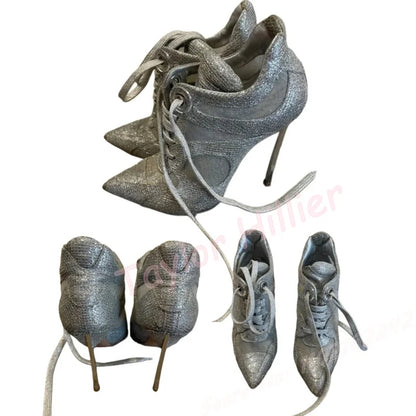 Silver Breathable Mesh Stiletto Lace-Up Shoes Pointed Metal Heel Splicing Pumps Sexy Party Big Size Sports Short Boots Ladies 46