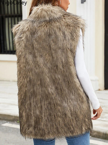 VigoCasey 2026 Autumn Winter Sleeveless Thick Faux Fur Vest Coat Woman Khaki Plush Warm Waistcoat Lady Casual Fluffy Vest Jacket