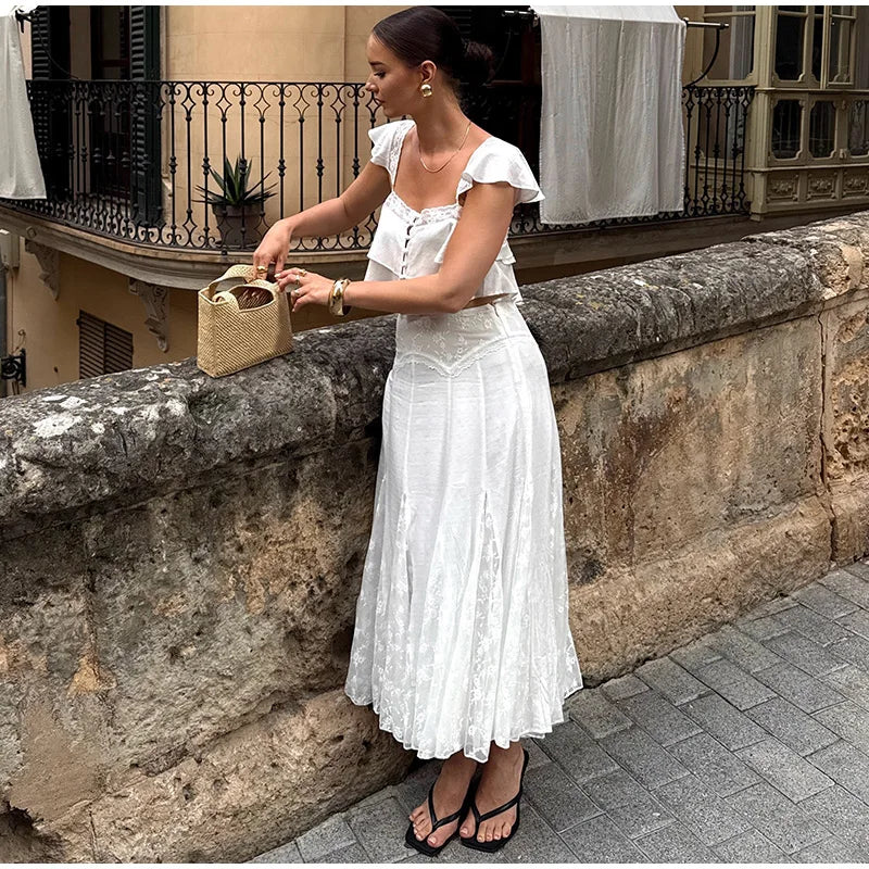 2026 Summer Fashion Square Neck Ruffled Crop Top & Pleated Midi Skirt 2-Piece Set Elegant Boho Resort Vacation Casual Outfits