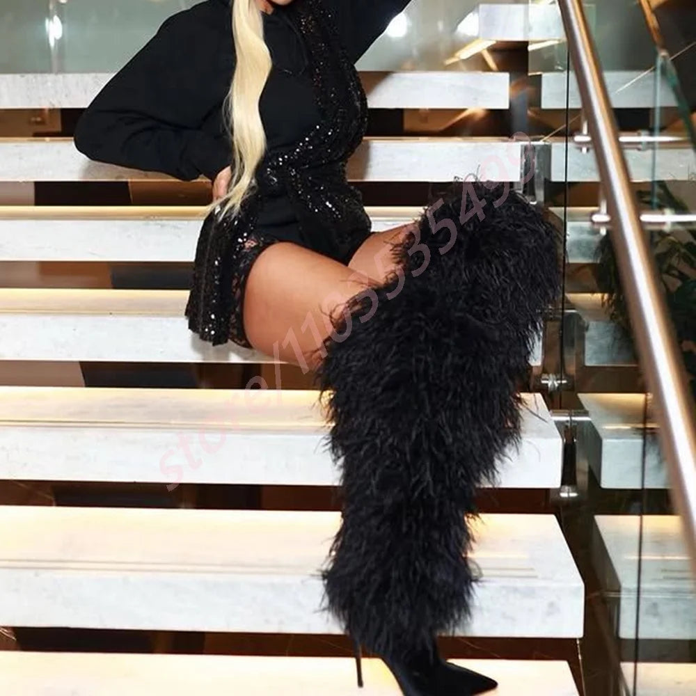 2025 Winter Black Sexy Ladies Catwalk Fur Boots Fashion Street Model Soft Fur Knee-High Stage Boots Pointed Warm Stiletto Boots