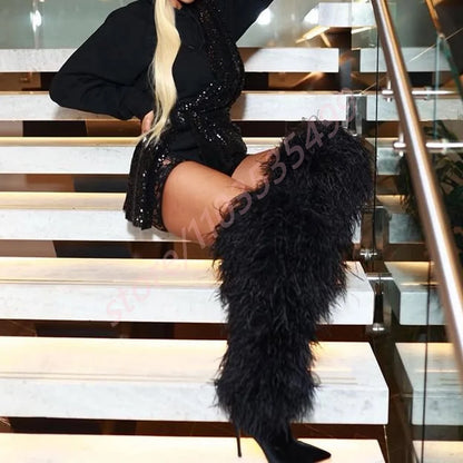 2025 Winter Black Sexy Ladies Catwalk Fur Boots Fashion Street Model Soft Fur Knee-High Stage Boots Pointed Warm Stiletto Boots