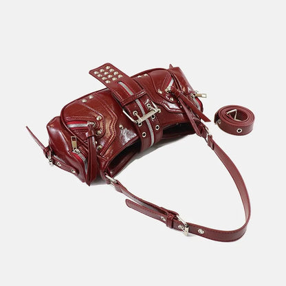 Women's Y2k Punk Vintage Shoulder Purse PU Leather Gothic Rivet Handbag Waist Bag Luxury Black Cross Body Bags with Spikes