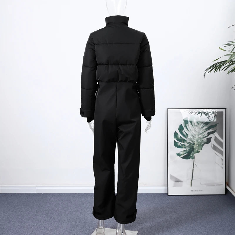 Casual Fur-Trimmed Hooded Ski Suit Women Fashion Belted Slim Full Sleeve Warm Jumpsuits Female 2026 Winter Snow Bodysuit Lady