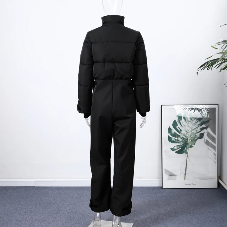 Casual Fur-Trimmed Hooded Ski Suit Women Fashion Belted Slim Full Sleeve Warm Jumpsuits Female 2026 Winter Snow Bodysuit Lady