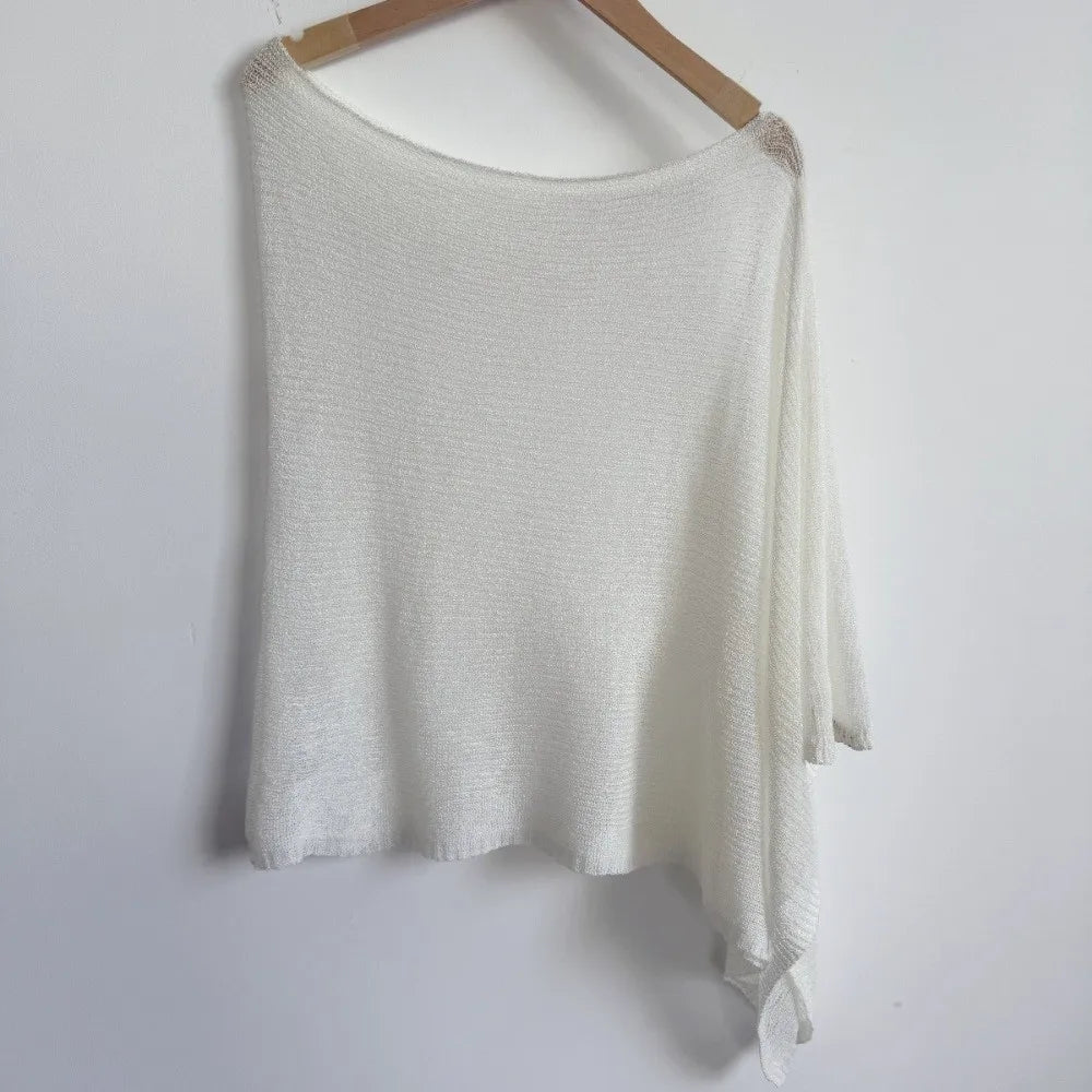 Casual Drop Shoulder Crochet Poncho Sweater Sheer Multi-wear Halter Shawl Irregular Knitted Cover-ups Vacation Outfits