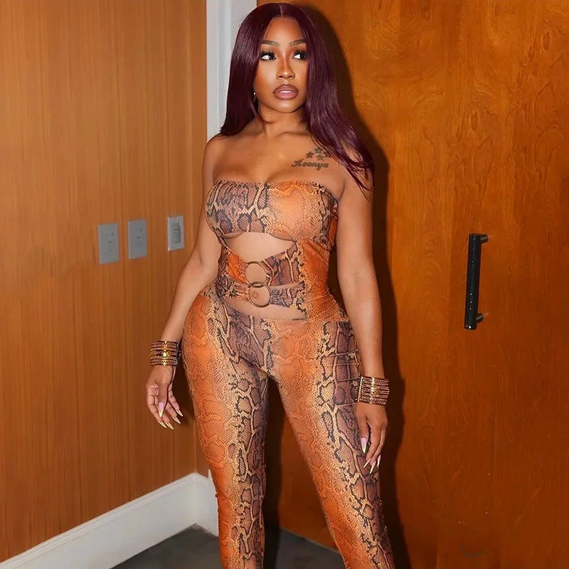 STYLISH LADY Snake Print Strapless Jumpsuits 2026 Women Hollow O Ring Sleeveless Bodycon Sexy Club Party Street Long Jumpsuit
