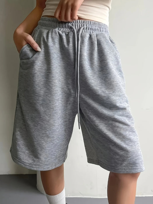 Women'S Casual Athletic Shorts Elastic Waist Wide Leg Straight Bermuda Shorts Mid-Length Loose Drawstring Shorts